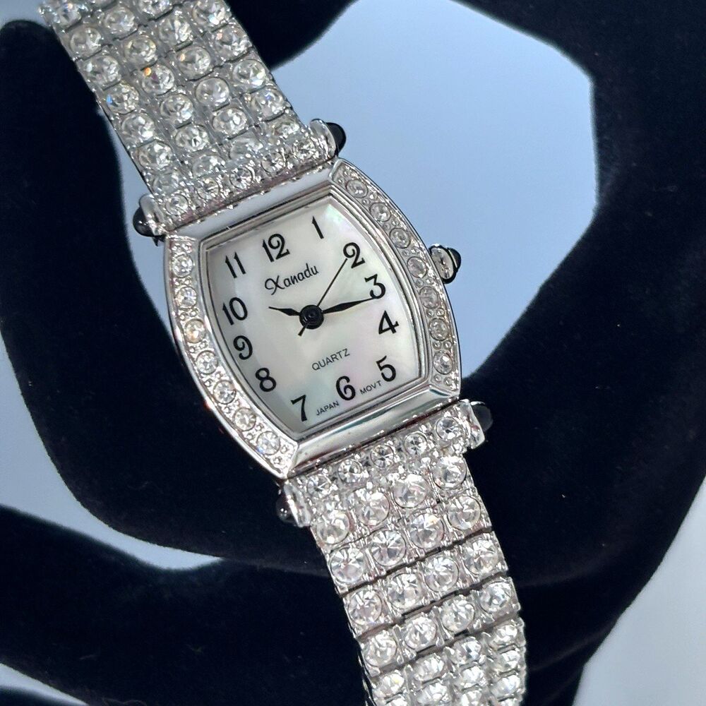 Vintage Xanadu Watch Rhinestone Silver Tone Bracelet MOP Needs Battery 6.75"